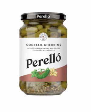 Cocktail gherkins with silverskin onions and spicesglass jar 345g